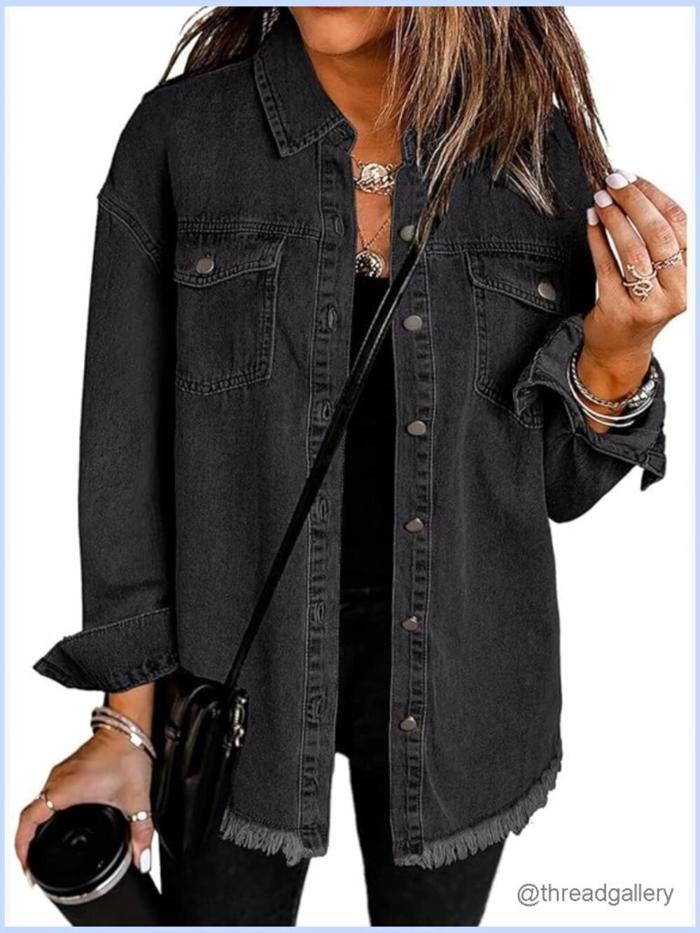 Oversized Button Up Frayed Hem Shacket Long Sleeve Pockets Denim Jacket